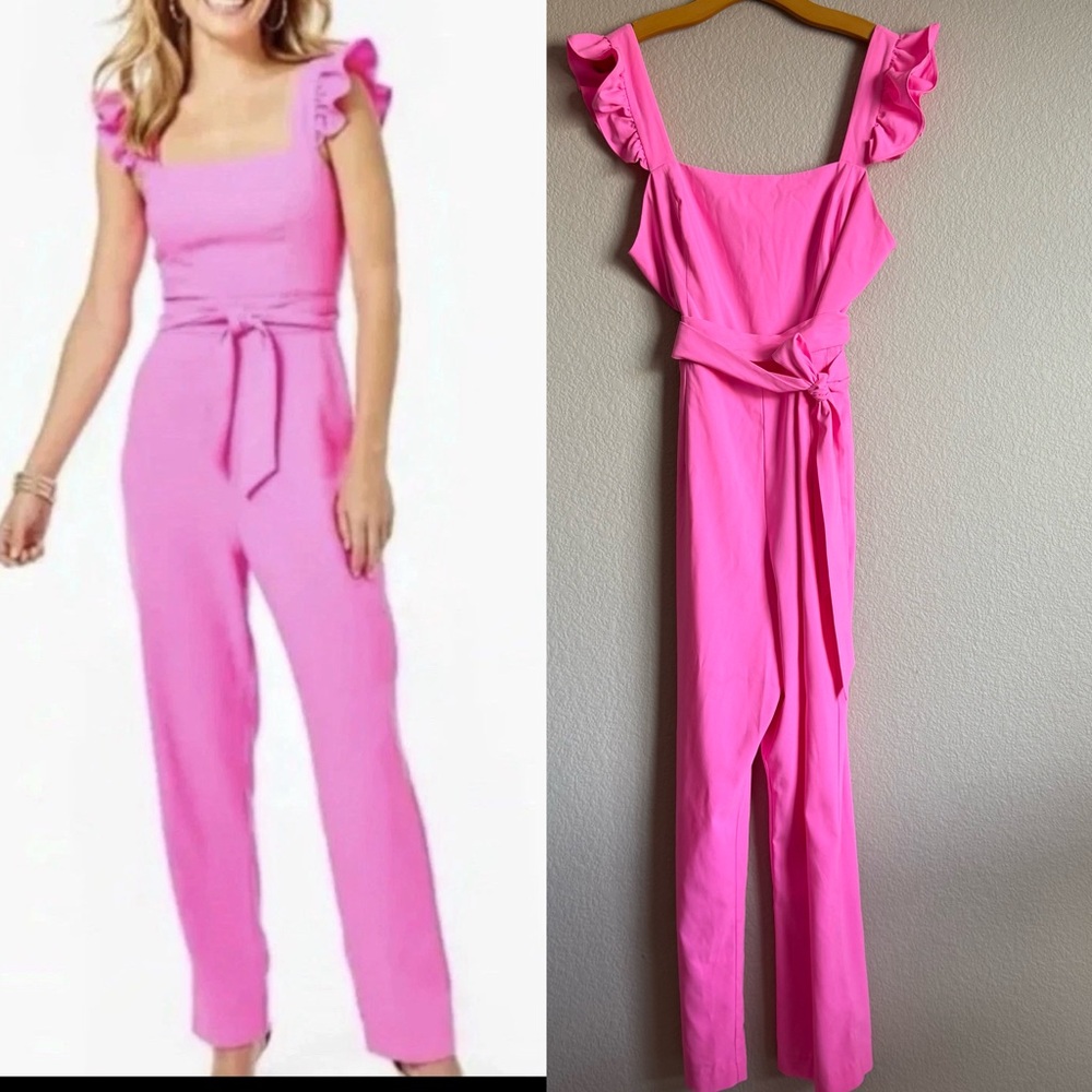 Lilly Pulitzer Women’s Eppley Pink Ruffle Strap Waist Belted Jumpsuit Sz 16